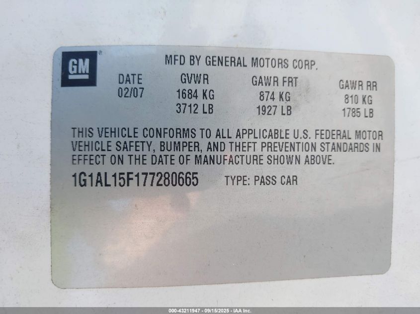 2009 Chevrolet Cobalt Ls VIN: 1G1AS18HX97250521 Lot: 43211947