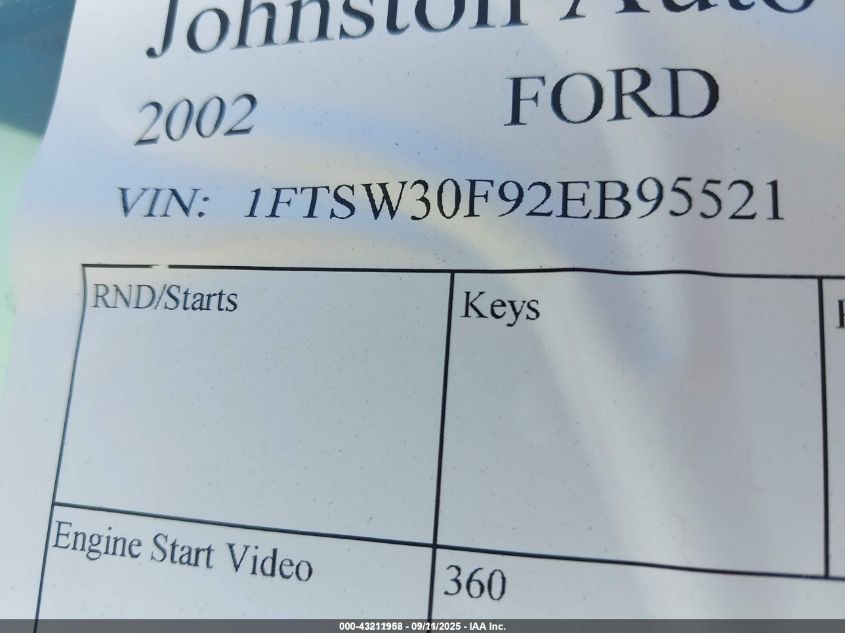2002 Ford F-350 Lariat/Xl/Xlt VIN: 1FTSW30F92EB95521 Lot: 43211958