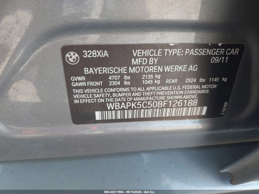 2011 BMW 328I xDrive VIN: WBAPK5C50BF126188 Lot: 43211964