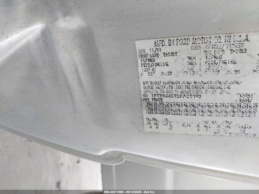 2002 Ford Ranger Xlt VIN: 1FTYR44E92PA35393 Lot: 43211965