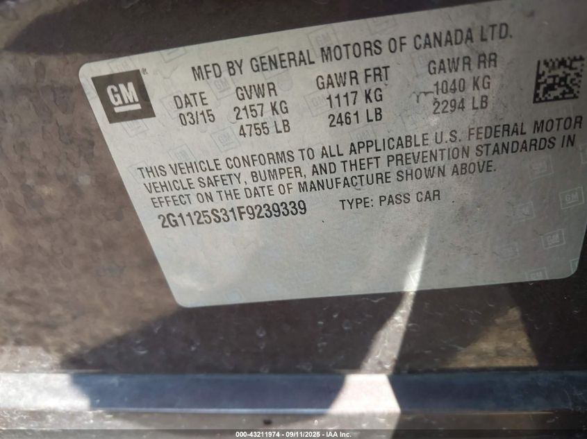 2015 Chevrolet Impala 2Lt VIN: 2G1125S31F9239339 Lot: 43211974