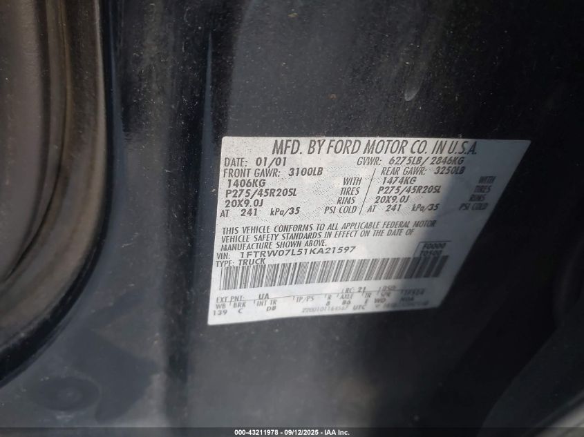 2001 Ford F-150 Harley-Davidson Edition/King Ranch Edition/Lariat/Xlt VIN: 1FTRW07L51KA21597 Lot: 43211978