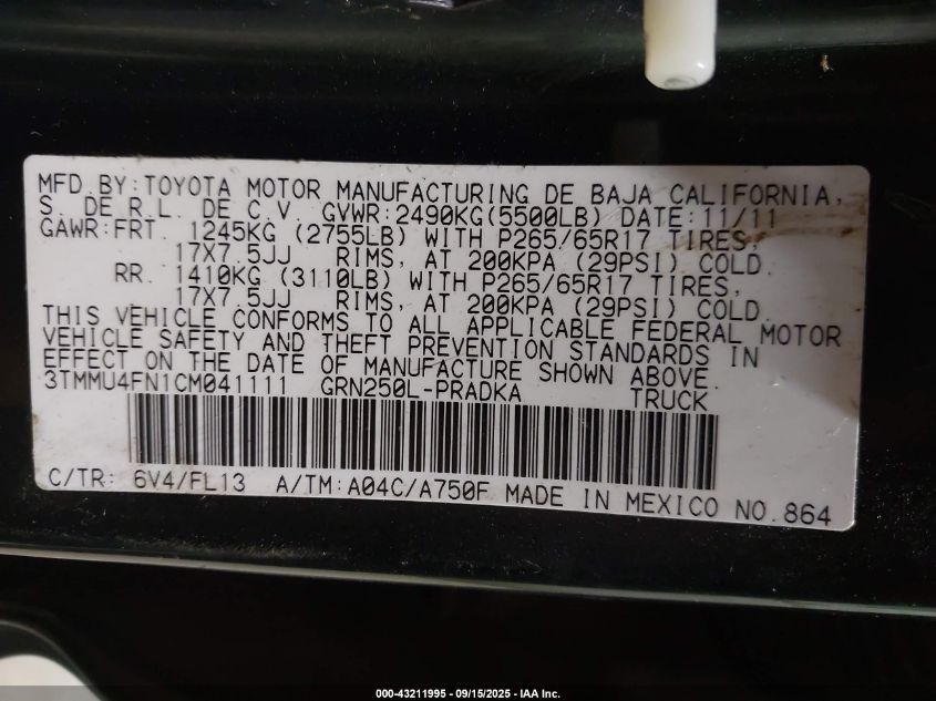 2012 Toyota Tacoma Base V6 VIN: 3TMMU4FN1CM041111 Lot: 43211995