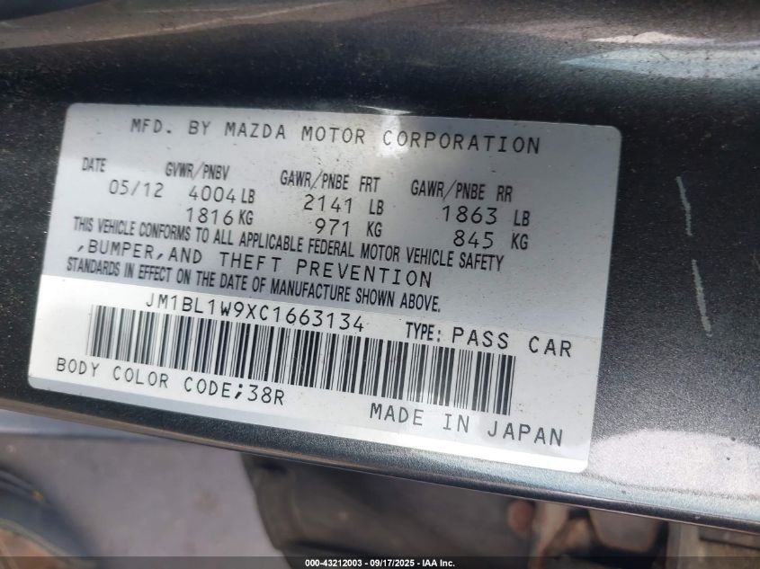 2012 Mazda Mazda3 S Grand Touring VIN: JM1BL1W9XC1663134 Lot: 43212003