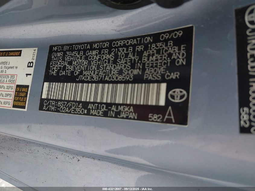 2010 Scion Tc VIN: JTKDE3B71A0308593 Lot: 43212007