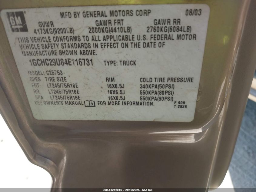 2004 Chevrolet Silverado 2500Hd Ls VIN: 1GCHC29U84E116731 Lot: 43212016