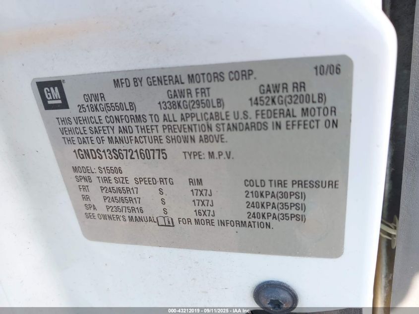 2007 Chevrolet Trailblazer Ls VIN: 1GNDS13S672160775 Lot: 43212019