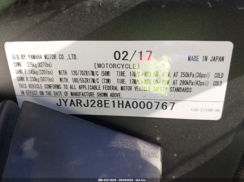 2017 Yamaha Yzfr6 VIN: JYARJ28E1HA000767 Lot: 43212025
