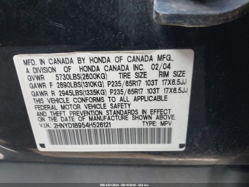 2004 Acura Mdx VIN: 2HNYD18954H526121 Lot: 43212034