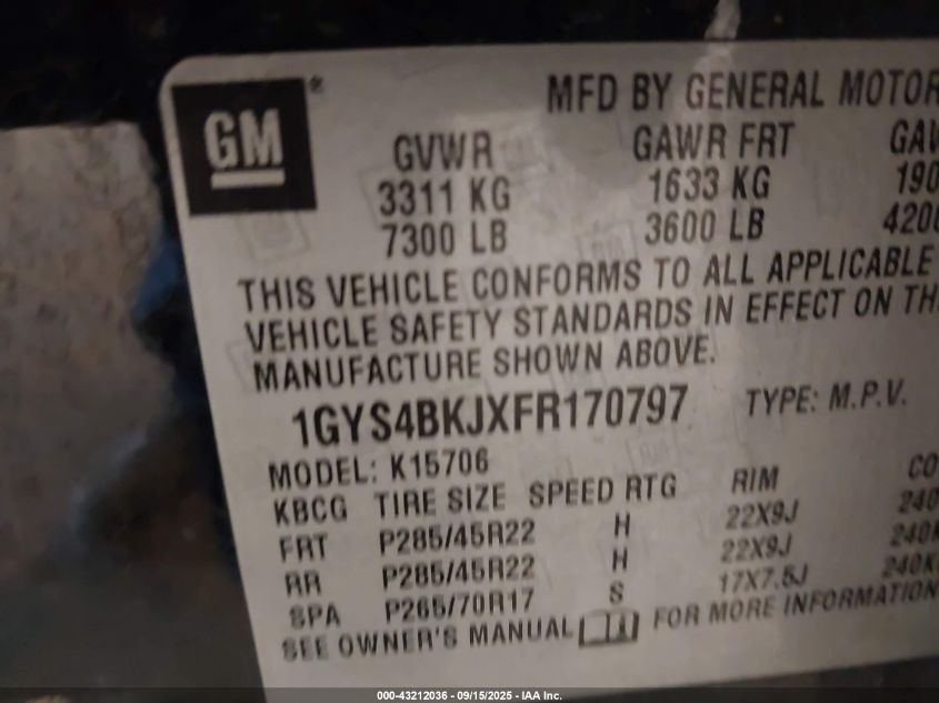 2015 Cadillac Escalade Luxury VIN: 1GYS4BKJXFR170797 Lot: 43212036