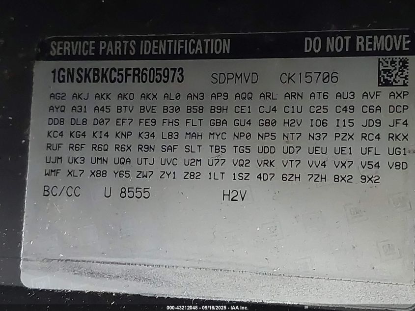 2015 Chevrolet Tahoe Lt VIN: 1GNSKBKC5FR605973 Lot: 43212048