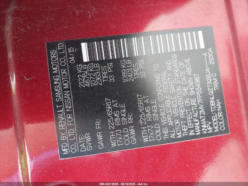 2015 Nissan Rogue Sv VIN: KNMAT2MV7FP554987 Lot: 43212049