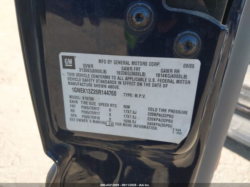 2006 Chevrolet Tahoe Lt VIN: 1GNEK13Z26R144760 Lot: 43212089