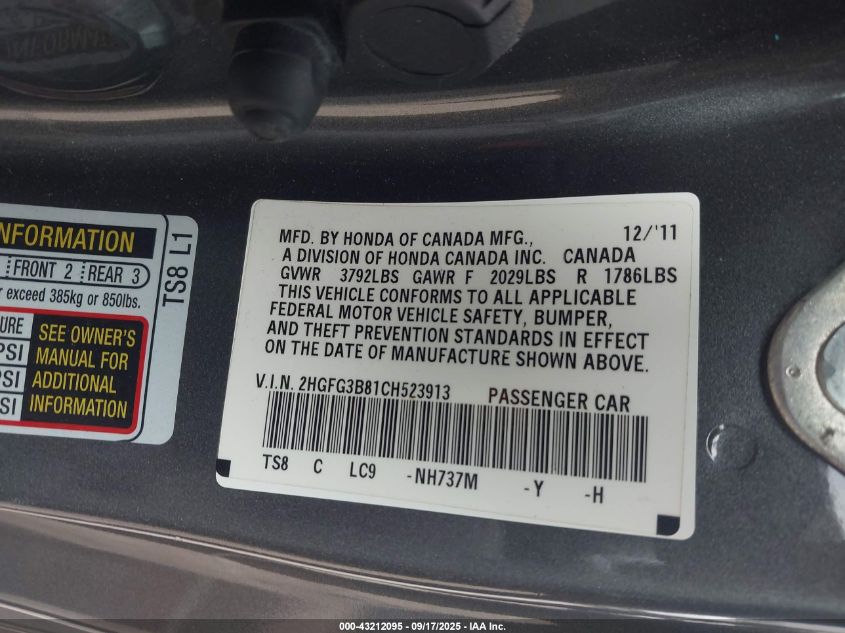 2012 Honda Civic Ex VIN: 2HGFG3B81CH523913 Lot: 43212095