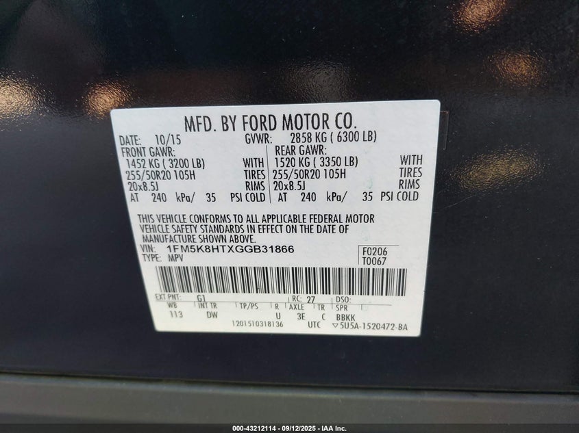 2016 FORD EXPLORER PLATINUM - 1FM5K8HTXGGB31866