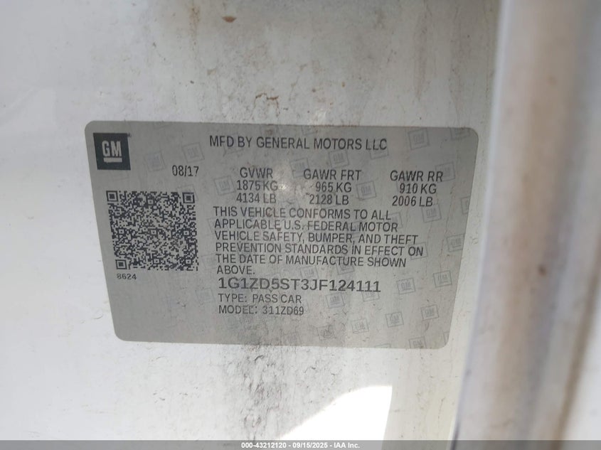2018 Chevrolet Malibu Lt VIN: 1G1ZD5ST3JF124111 Lot: 43212120