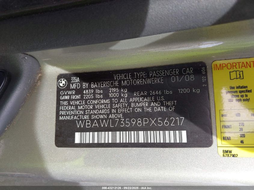 2008 BMW 335I VIN: WBAWL73598PX56217 Lot: 43212126
