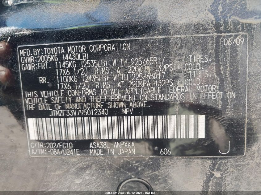 2009 Toyota Rav4 VIN: JTMZF33V795012340 Lot: 43212133