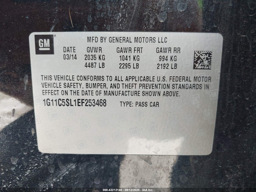 2014 CHEVROLET MALIBU 1LT 1G11C5SL1EF253468