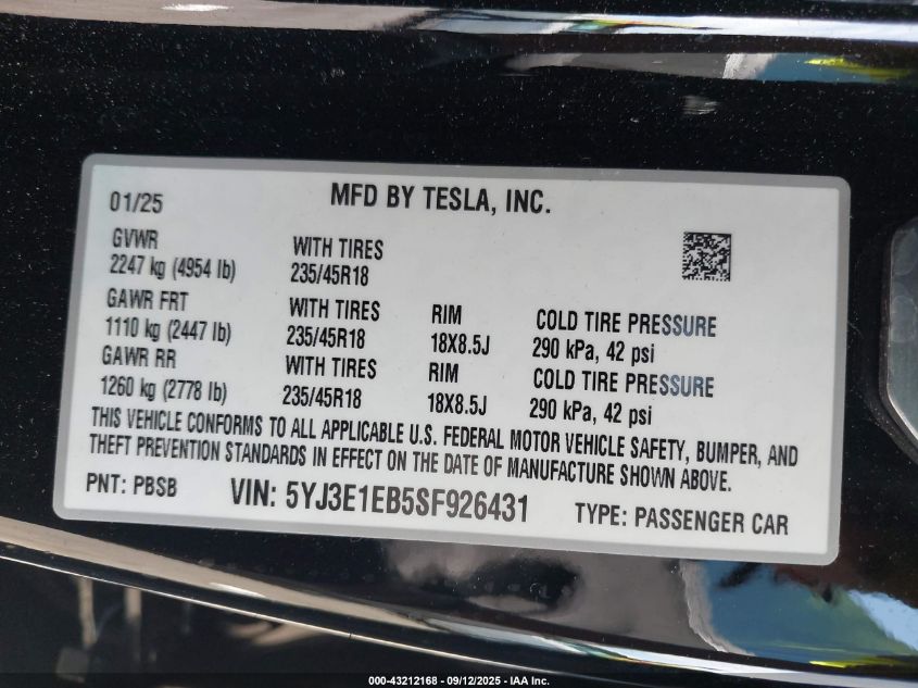 2025 Tesla Model 3 Long Range All-Wheel Drive VIN: 5YJ3E1EB5SF926431 Lot: 43212168