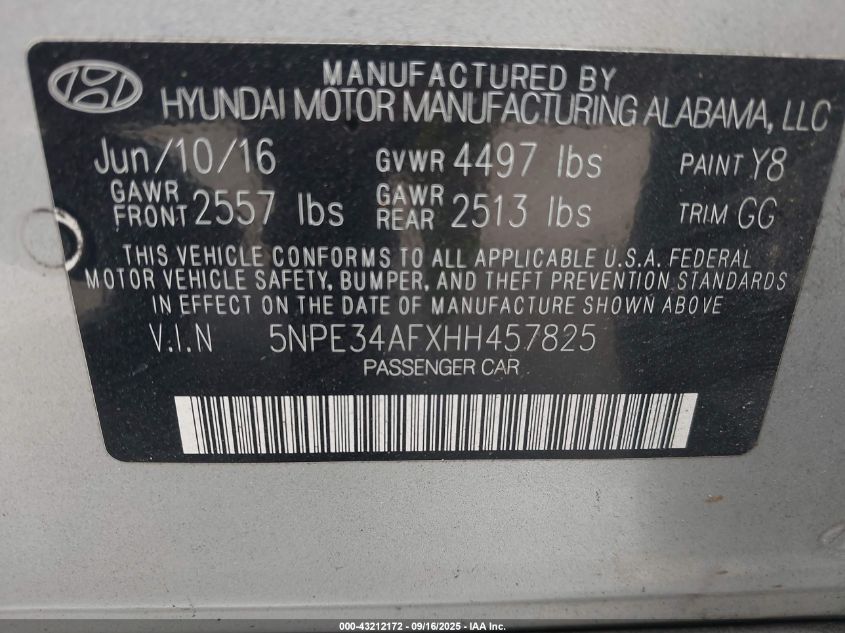 2017 Hyundai Sonata Sport VIN: 5NPE34AFXHH457825 Lot: 43212172