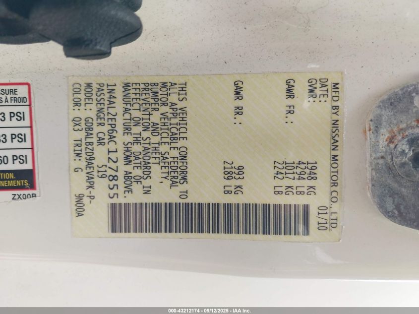 2010 Nissan Altima 2.5 S VIN: 1N4AL2EP6AC127855 Lot: 43212174