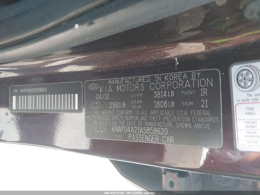 2010 Kia Forte Ex VIN: KNAFU4A21A5858620 Lot: 43212182