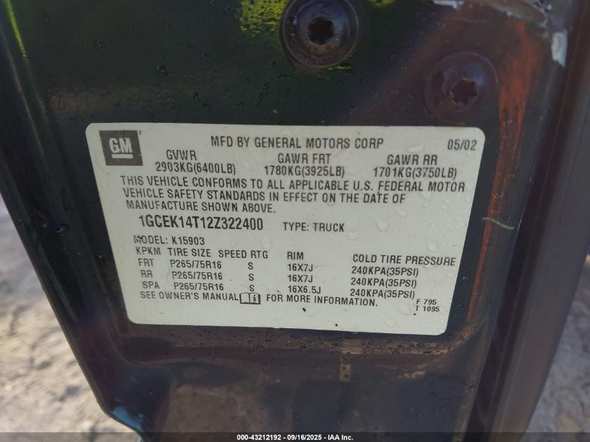2002 Chevrolet Silverado 1500 Ls VIN: 1GCEK14T12Z322400 Lot: 43212192