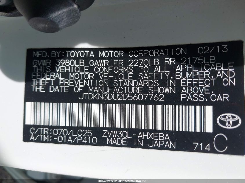 2013 Toyota Prius Three Se VIN: JTDKN3DU2D5607762 Lot: 43212202