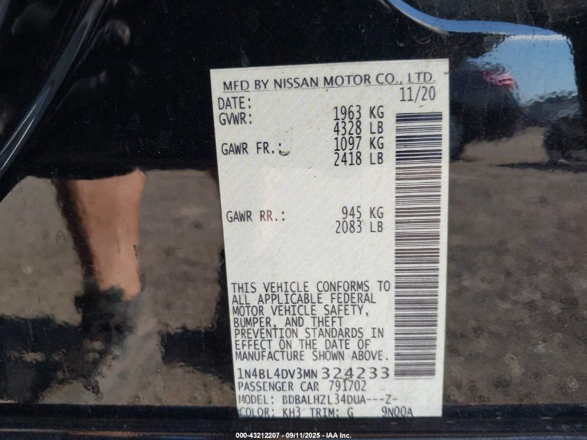 2021 Nissan Altima Sv Fwd VIN: 1N4BL4DV3MN324233 Lot: 43212207