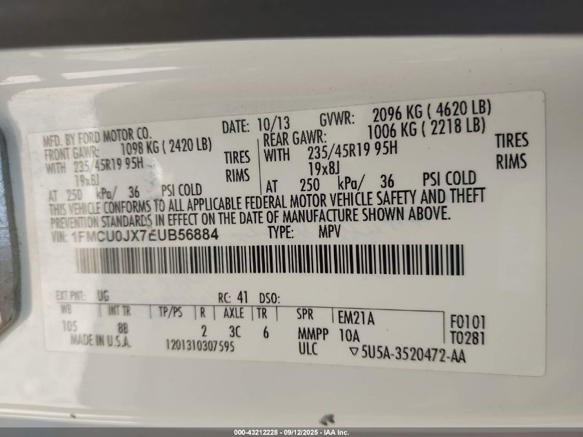 2014 Ford Escape Titanium VIN: 1FMCU0JX7EUB56884 Lot: 43212228