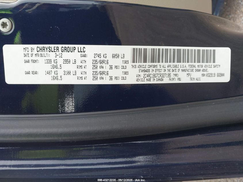 2012 Chrysler Town & Country Touring VIN: 2C4RC1BG7CR327195 Lot: 43212235