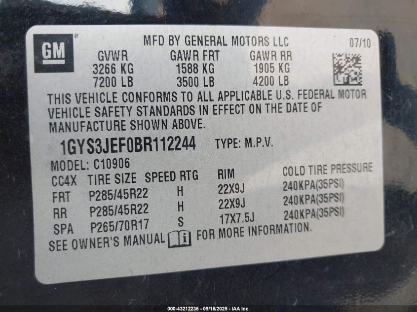 2011 Cadillac Escalade Esv Premium VIN: 1GYS3JEF0BR112244 Lot: 43212236