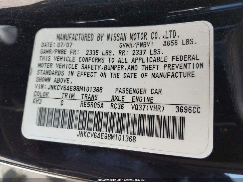 2008 Infiniti G37 Journey VIN: JNKCV64E98M101368 Lot: 43212242