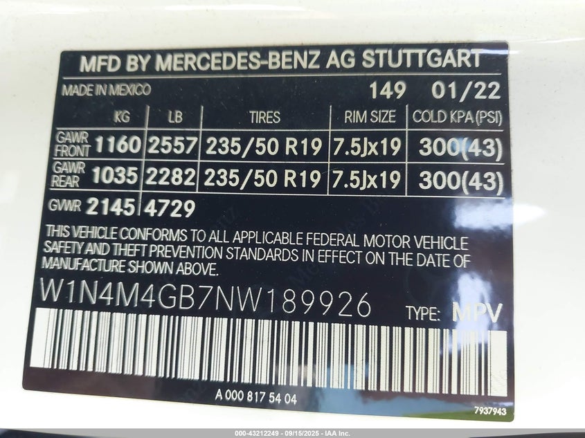 2022 MERCEDES-BENZ GLB 250 - W1N4M4GB7NW189926