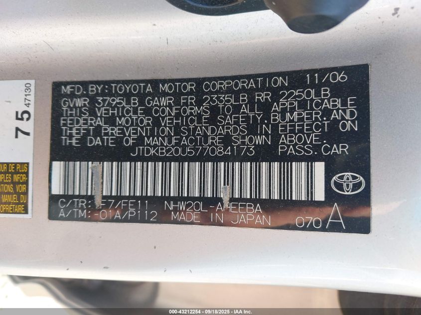 2007 Toyota Prius VIN: JTDKB20U577084173 Lot: 43212254