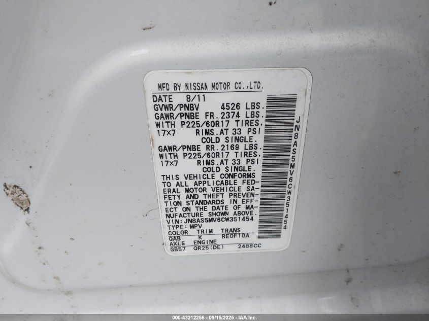 2012 Nissan Rogue Sv VIN: JN8AS5MV6CW351454 Lot: 43212256