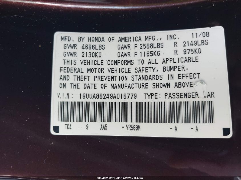 2009 Acura Tl 3.5 VIN: 19UUA86249A016779 Lot: 43212261