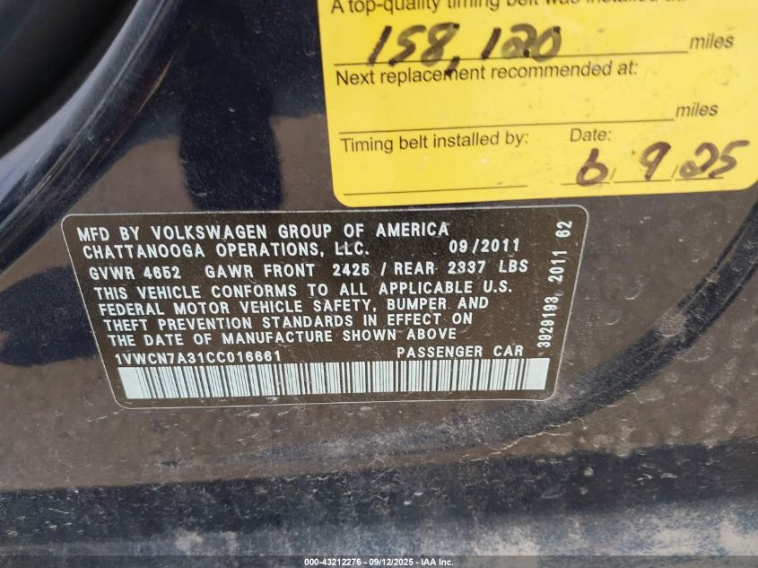 2012 Volkswagen Passat 2.0L Tdi Sel Premium VIN: 1VWCN7A31CC016661 Lot: 43212276