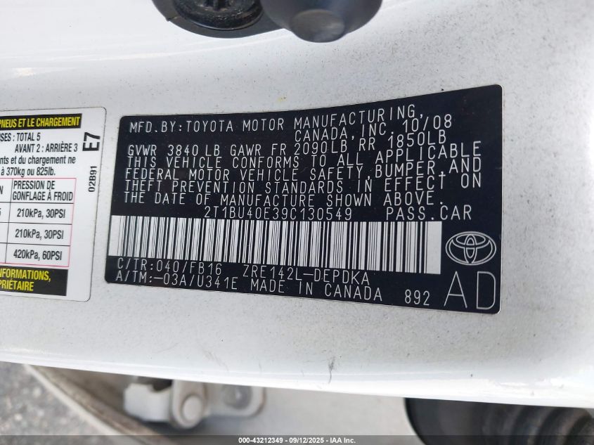 2009 Toyota Corolla VIN: 2T1BU40E39C13054 Lot: 43212349