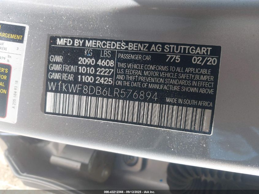 2020 Mercedes-Benz C 300 VIN: W1KWF8DB6LR576894 Lot: 43212366