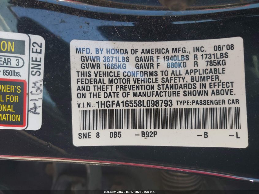 2008 Honda Civic Lx VIN: 1HGFA16558L098793 Lot: 43212367