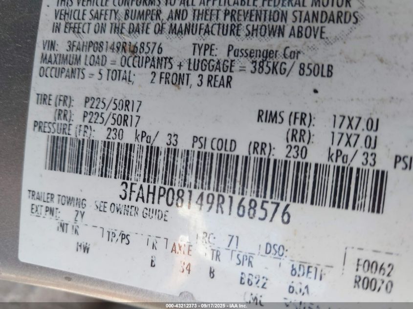 2009 Ford Fusion Sel VIN: 3FAHP08149R168576 Lot: 43212373