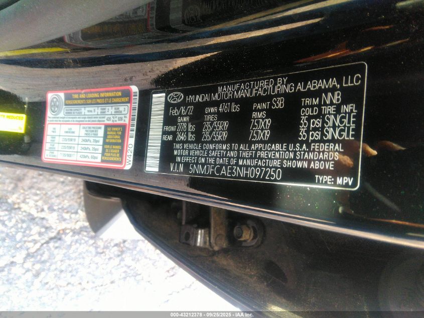 2022 Hyundai Tucson Sel VIN: 5NMJFCAE3NH097250 Lot: 43212378