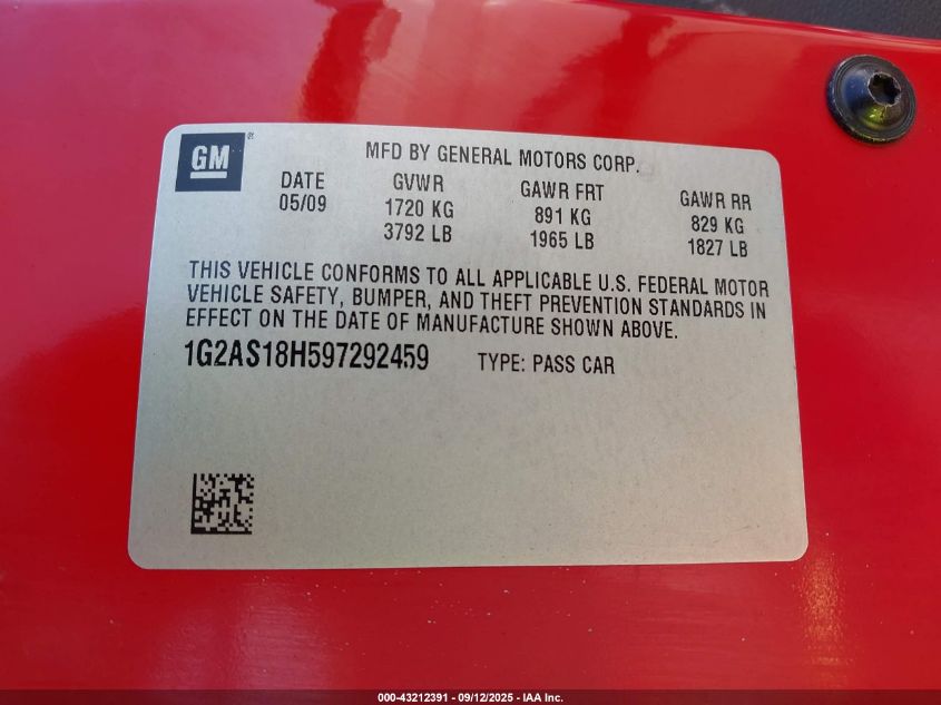 2009 Pontiac G5 VIN: 1G2AS18H597292459 Lot: 43212391