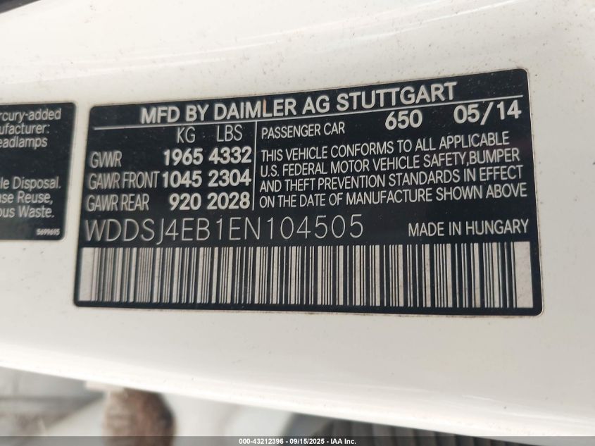 2014 Mercedes-Benz Cla 250 VIN: WDDSJ4EB1EN104505 Lot: 43212396