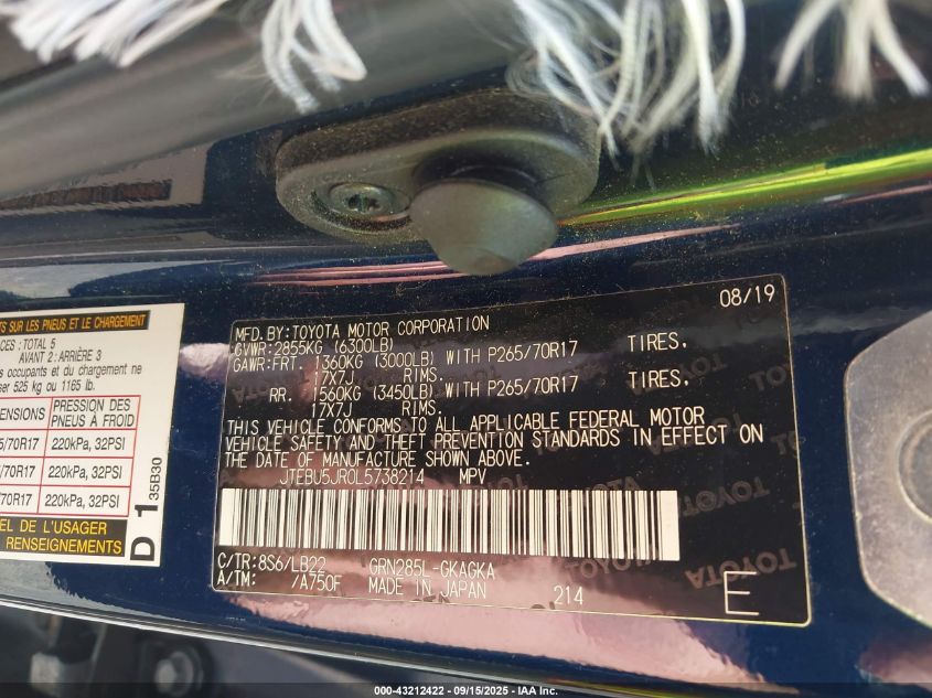 2020 Toyota 4Runner Sr5 Premium VIN: JTEBU5JR0L5738214 Lot: 43212422