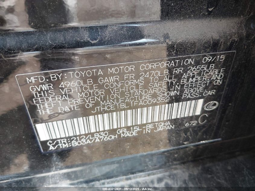 2015 Lexus Gs 350 VIN: JTHCE1BL1FA009352 Lot: 43212431