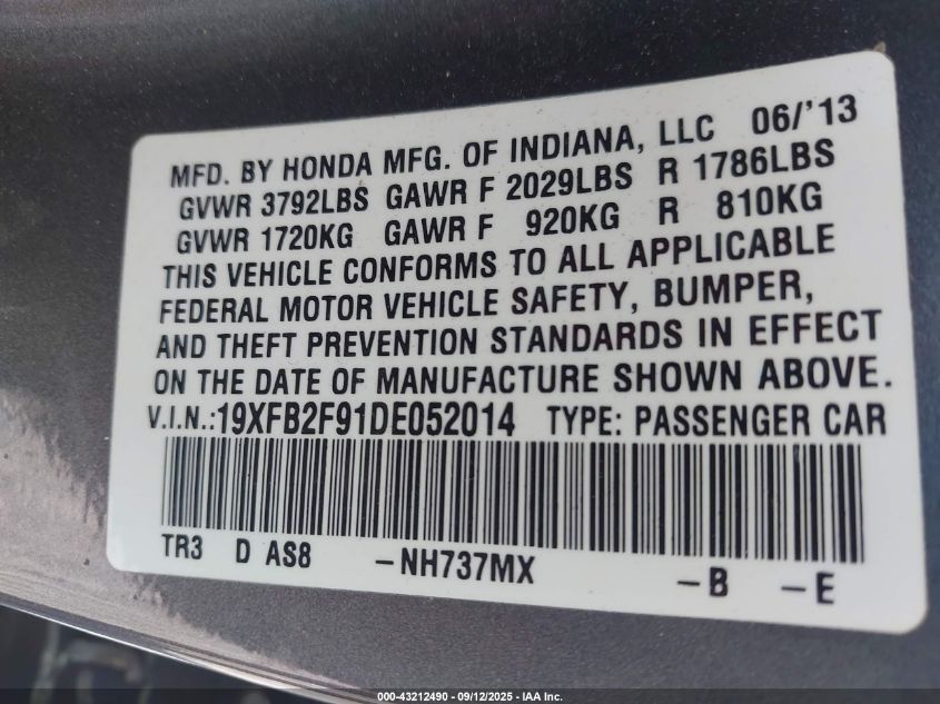 2013 Honda Civic Ex-L VIN: 19XFB2F91DE052014 Lot: 43212490