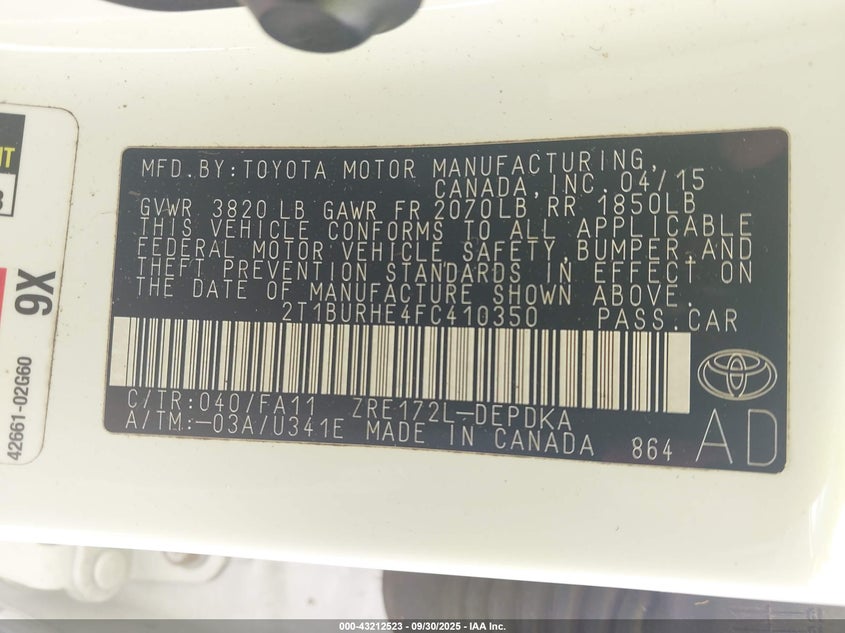 2015 Toyota Corolla L VIN: 2T1BURHE4FC410350 Lot: 43212523